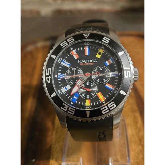 Nautica Men's A12626G 44mm Black Rubber Band Steel Case Quartz Flag Watch - Picture 1 of 10